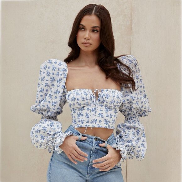 🆕 House of CB Millicent Blue Print Cropped Corset Top - Picture 1 of 10